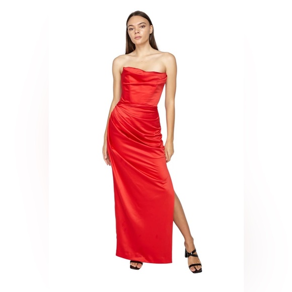 House of CB Adrienne Scarlet Satin Strapless Gown Sz XS Red Polyester Dress - Picture 6 of 16